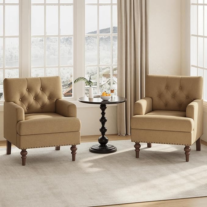 MALOL Upholstered Accent Chair, Comfy Reading Chair for Living Room, Mid Century Modern Armchair with Thick Cushion & Solid Rubberwood Legs, for Bedroom/Small Spaces, Brown