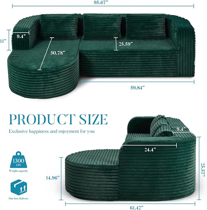 Hobestluk Modular Sectional Sofa Couches L-Shape Couch 3 Seat Modular Sofa Memory Foam Sectional Couches for Living Room, Cloud Couch (Round Green, 96", Left Hand Facing)