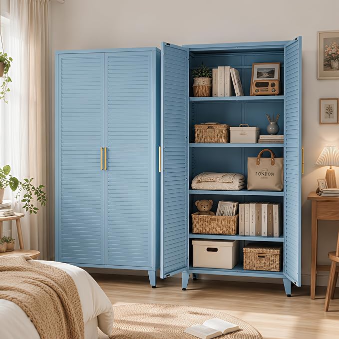 61 "H Blue Metal Cutlery Cabinet with Door Freestanding Kitchen Cabinet with 3 Adjustable Shelf Side Panels, Suitable for Kitchen, Living Room, Dining Room Metal Cabinet,Requires Assembly