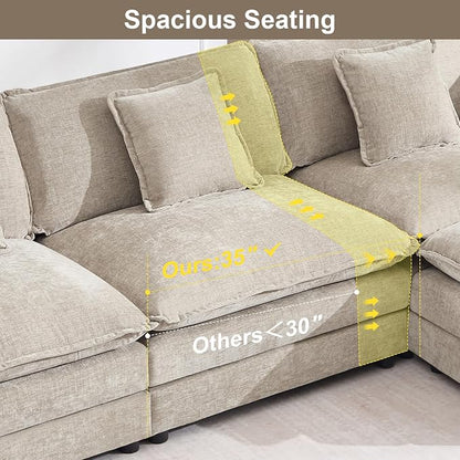 111.5" Modular Sectional Sofa, Large L Shaped Sectionals Cloud Couch, Big Comfy 3-Seat Couch with Ottoman, 4 Seater Chenille Sectional Sofa with Deep Seat and 5 Pillows for Living Room- Camel