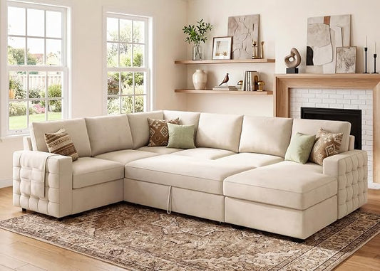 HONBAY Sectional Sleeper Sofa with Pull-Out Bed Storage Chaise, 6 Seaters Couch for Living Room, Beige