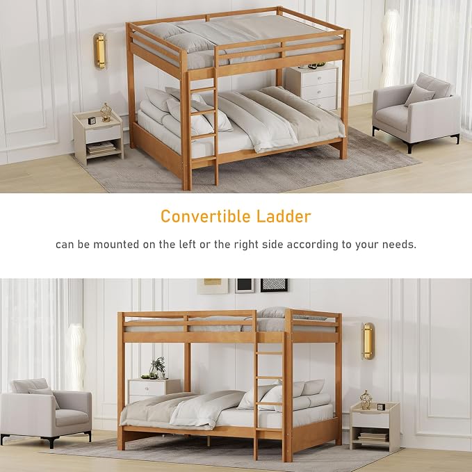 Merax Queen Size Bunk Bed - Solid Pine & MDF Frame, Heavy Duty 600lb Capacity, Space Saving Design with Safety Guard Rails & Ladder, No Box Spring Needed,Wood Color