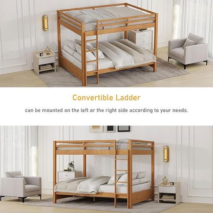 Merax Queen Size Bunk Bed - Solid Pine & MDF Frame, Heavy Duty 600lb Capacity, Space Saving Design with Safety Guard Rails & Ladder, No Box Spring Needed,Wood Color