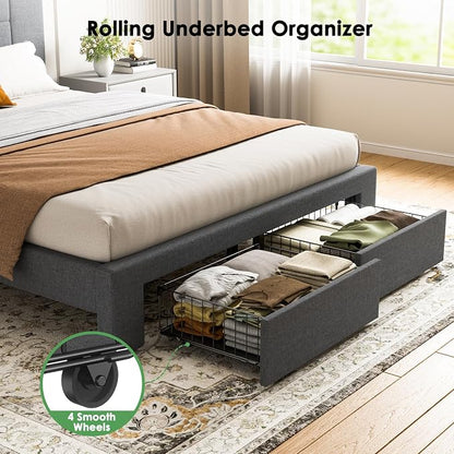 Marsail Full Bed Frame with 2 Storage Drawers, Sturdy & Durable with 12 Support Legs, 1300 lbs Capacity, Solid Wooden Upholstered Adjustable Headboard for 6″–12″ Mattresses, Easy Assembly, Dark Gray