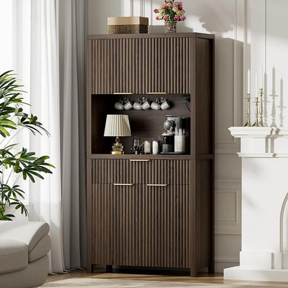 Lulive 71" Fluted Pantry Cabinet with Charging Station, Brown | Adjustable Shelves, Open Countertop, Drawer, Spacious Kitchen Storage