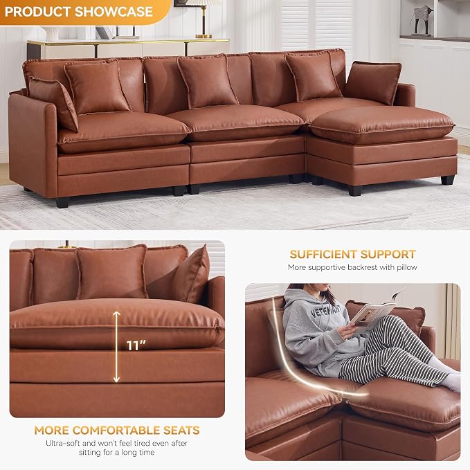 111'' Sectional Cloud Deep Seat Couch, Modern Comfy Leather L Shaped Sectional Sofa for Living Room Set, Upholstered Modular 4-Seats Sofa Couch with 1 Movable Ottoman, Leather Brown