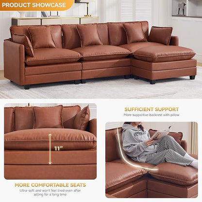 111'' Sectional Cloud Deep Seat Couch, Modern Comfy Leather L Shaped Sectional Sofa for Living Room Set, Upholstered Modular 4-Seats Sofa Couch with 1 Movable Ottoman, Leather Brown