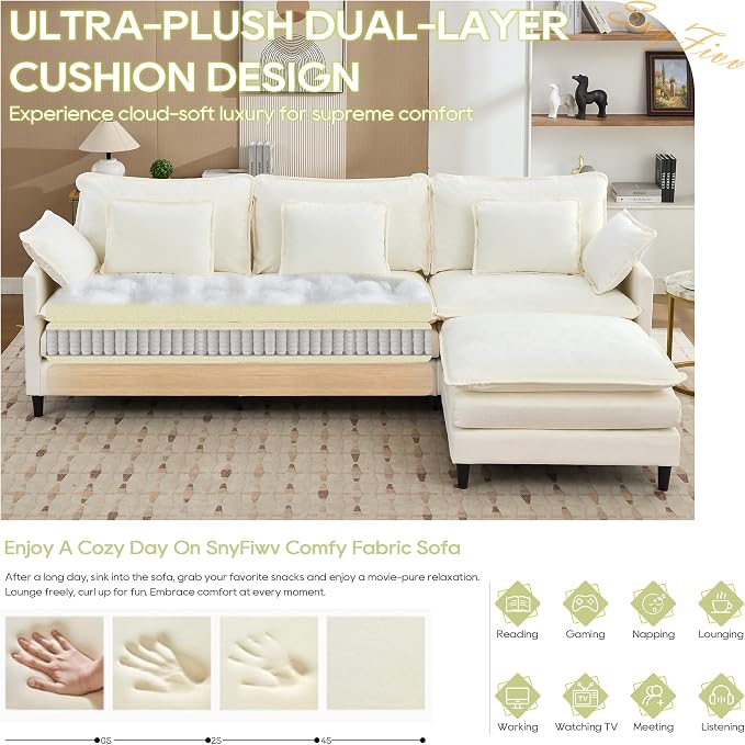 113" Chenille Modular Sectional Sofa, Convertible L Shaped Modular Sofa Comfy Cloud Couch with Ottoman, Side Pockets and 5 Throw Pillows for Living Room (Beige, 113'' - 4 Seat)