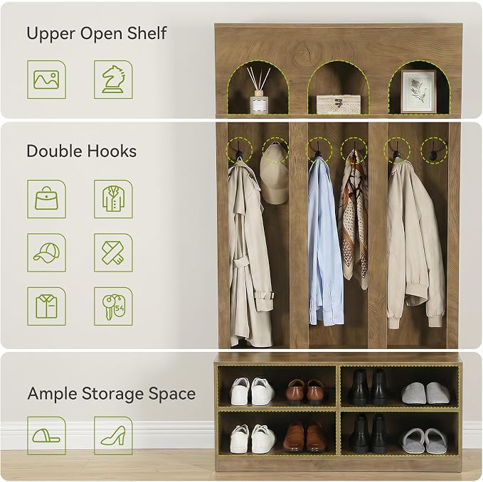 LITTLE TREE Hall Tree, 70" Entryway Bench with Coat Rack and Shoe Storage | 6 Double Hooks, Mudroom Bench with Storage and Hooks, Entryway Storage Furniture, Farmhouse Hall Tree, Hallway Tree, Brown