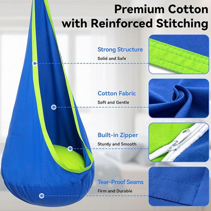 Y- STOP Pod Swing for Kids, Sensory Indoor Hanging Hammock Chair with Inflatable Pillow Sensory Cocoon Pod Swing Seat for Kids with Pocket for Indoor and Outdoor Blue and Green