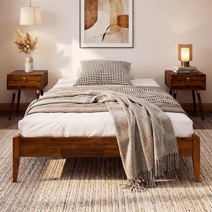 Bme Dinkee 15 Inch Signature Bed Frame Without Headboard - Modern & Minimalist Style with Acacia Wood - 12 Strong Wood Slat Support - Easy Assembly - No Box Spring Neededd - Dark Chocolate, Full