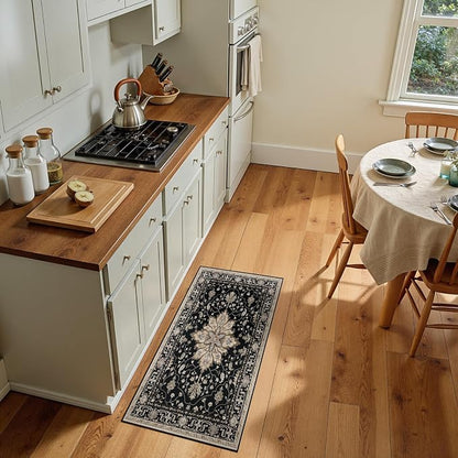 RELEANY Area Rugs Small 2'x4' Washable Non-Slip, Floral Vintage Distress Medallion Carpet for Kitchen Entryway Bathroom, Black Brown Neutral Dark Tan
