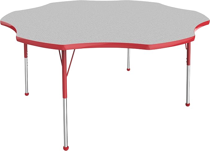 FDP Flower Activity School and Office Table (60 inch), Standard Legs with Ball Glides for Collaborative Seating Environments, Adjustable Height 19-30 inches - Gray Top and Red Edge