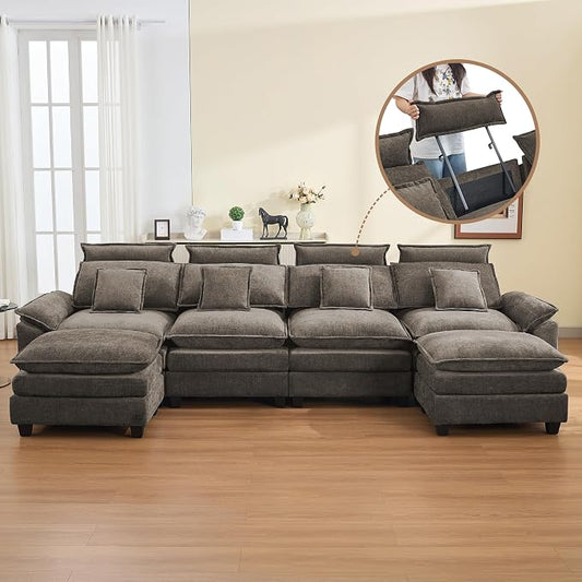 134'' Cloud Modern 4 Seater Couch with Detachable Headrest, Modular Sectional Sofa with 2 Ottomant, Oversized U Shape Chenille Comfy Sofa with Armrests for Living Room, Brown
