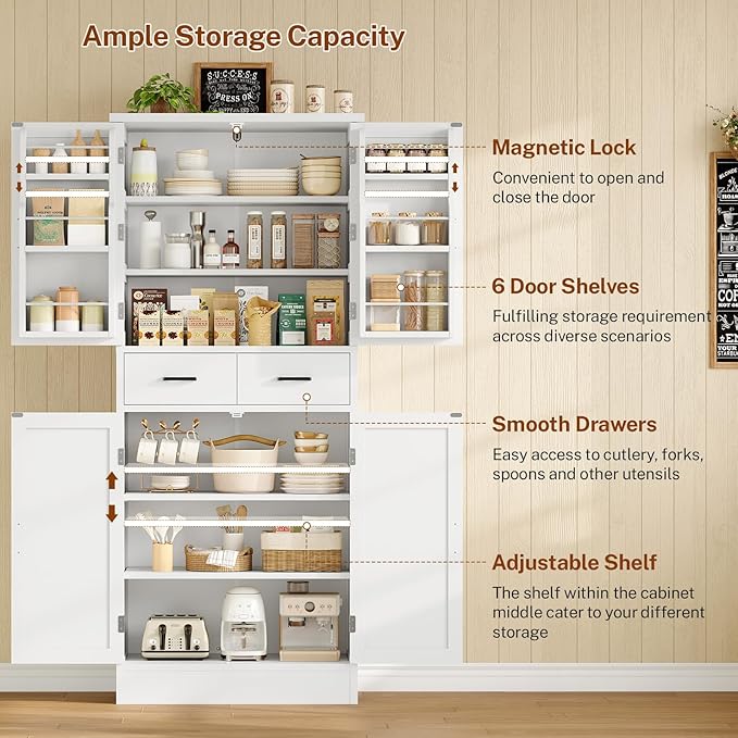 TEENFON Farmhouse Pantry Cabinet, 66.9″H Tall Kitchen Storage Cabinet with Barn Doors, Adjustable Shelves & Drawer, Freestanding Cupboard for Kitchen, Dining Room, Living Room, Bathroom, White