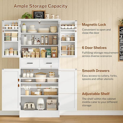 TEENFON Farmhouse Pantry Cabinet, 66.9″H Tall Kitchen Storage Cabinet with Barn Doors, Adjustable Shelves & Drawer, Freestanding Cupboard for Kitchen, Dining Room, Living Room, Bathroom, White