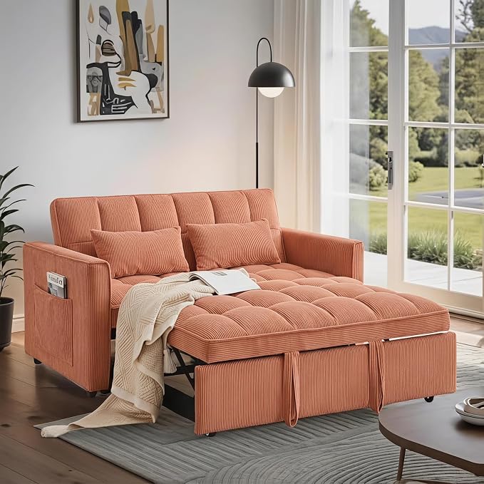 3 in 1 Convertible Sofa Bed, Corduroy Fabric Loveseat Sleeper Couch, Modern Pull Out Couch with Side Pockets, Sleeper Sofa Bed with Adjustable Backrest for Living Room, Orange