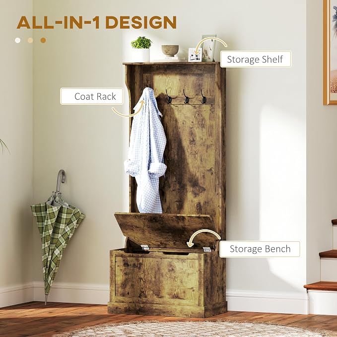 HOMCOM Hall Tree with Bench and Shoe Storage, 3-In-1 Entryway Bench with Coat Rack, 4 Hooks and Flip Top Storage Compartment, Rustic Brown