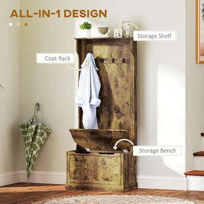 HOMCOM Hall Tree with Bench and Shoe Storage, 3-In-1 Entryway Bench with Coat Rack, 4 Hooks and Flip Top Storage Compartment, Rustic Brown