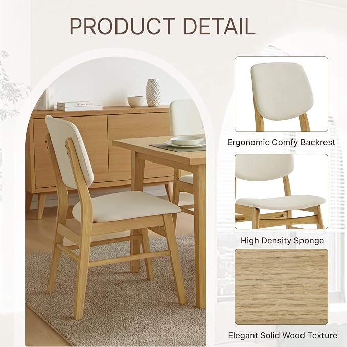 KISLOT Wooden Dining Chairs Set of 4, Upholstered Modern Dining Room Chairs, Mid Century Solid Oak Wood Kitchen Chairs for Farmhouse, Restaurant, Café (Cream Fabric & Original Color)