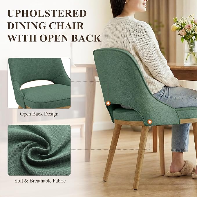 Modern Upholstered Dining Chairs Set of 2, Open Back with Solid Wood Legs, Ergonomic Curved Back Fabric Kitchen Chairs for Dining Room & Kitchen, Living Room Side Chairs, Farmhouse, Green