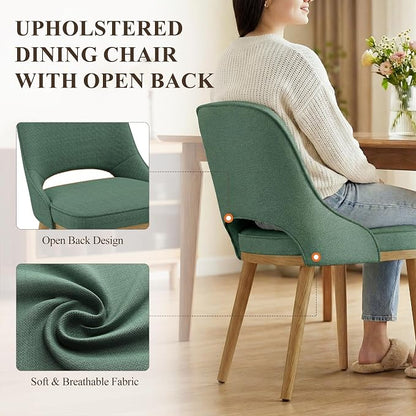 Modern Upholstered Dining Chairs Set of 4, Open Back with Solid Wood Legs, Ergonomic Curved Back Fabric Kitchen Chairs for Dining Room & Kitchen, Living Room Side Chairs, Farmhouse, Green