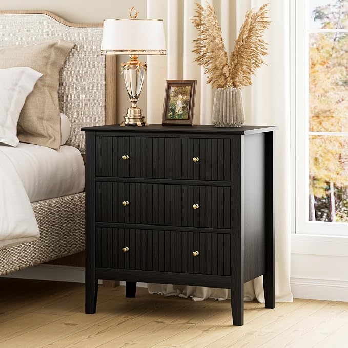Night Stand, Fluted 3 Drawer Wide Farmhouse Nightstand with Gold Handle, Modern Wooden Bedside End Table for Bedroom, Living Room, Black