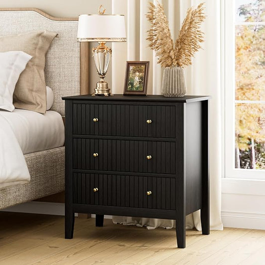 Night Stand, Fluted 3 Drawer Wide Farmhouse Nightstand with Gold Handle, Modern Wooden Bedside End Table for Bedroom, Living Room, Black