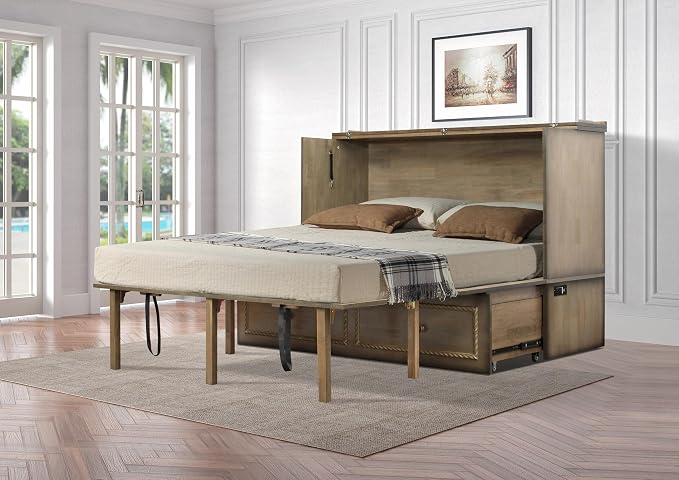 Mega Solutions Venetian Murphy Cabinet Bed with Deepest Storage Drawer On The Market and USB Charging Station 6 inch (Latte, Queen)