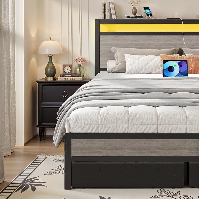 Fluest Queen Bed Frame,Queen Bed Frame with Storage Headboard & 2 Storage Drawer, Charging Station & LED Light, No Box Spring Needed, Noise Free, Easy Assembly, Rustic Grey