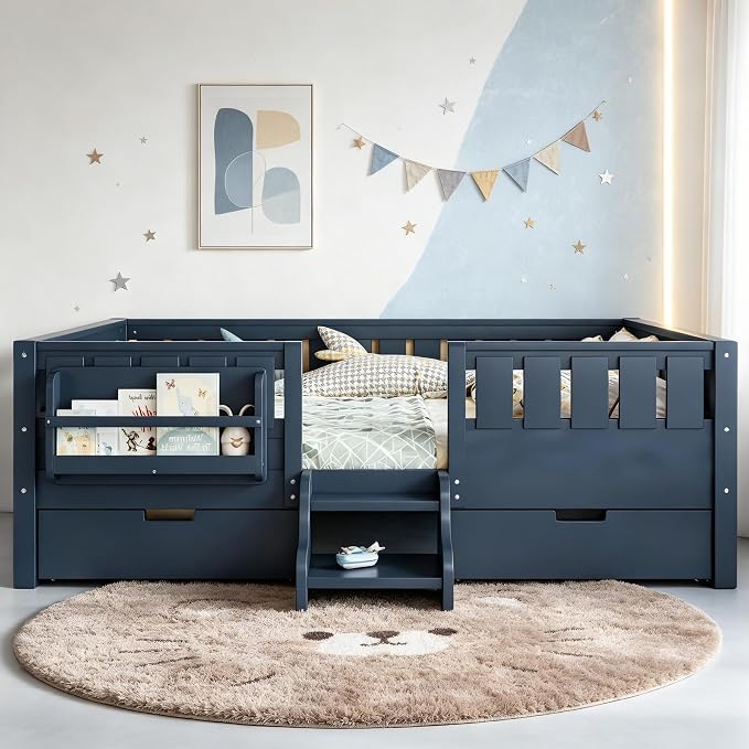Bellemave Full Size Bed Frame with Storage Drawers & Bookshelf, Low Profile Kids Bed with Staircase & Full Length Guardrails, Solid Wood Full Size Bed Frame Kids with Slats Load 550 LBS, Blue