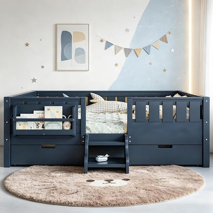 Bellemave Full Size Bed Frame with Storage Drawers & Bookshelf, Low Profile Kids Bed with Staircase & Full Length Guardrails, Solid Wood Full Size Bed Frame Kids with Slats Load 550 LBS, Blue