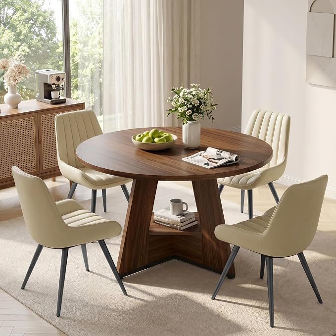 Miereirl 47.3 Inch Round Dining Table Set for 4, Round Kitchen Table with Chairs, Space Saving Dining Room Table Set with Storage Shelf for Apartment Kitchen Dining Room, Walnut Table+4 Beige Chairs