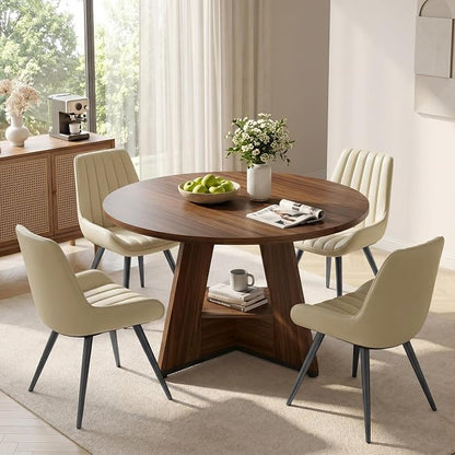 Miereirl 47.3 Inch Round Dining Table Set for 4, Round Kitchen Table with Chairs, Space Saving Dining Room Table Set with Storage Shelf for Apartment Kitchen Dining Room, Walnut Table+4 Beige Chairs