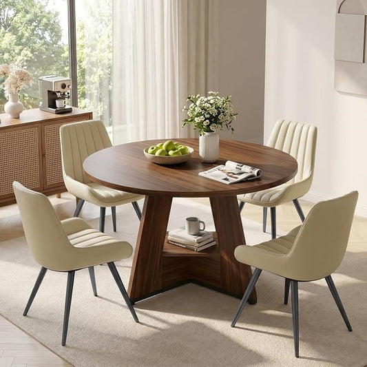 Miereirl 47.3 Inch Round Dining Table Set for 4, Round Kitchen Table with Chairs, Space Saving Dining Room Table Set with Storage Shelf for Apartment Kitchen Dining Room, Walnut Table+4 Beige Chairs