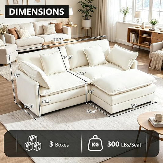 Modular Sectional Sofa with Ottoman: 76.7" Modern L Shaped Sectionals Cloud Couch, Comfy Couch Loveseat, 3 Seat Chenille Deep Seat Sofa with Pillow for Living Room,Bedroom Apartment,Small Spaces-Beige