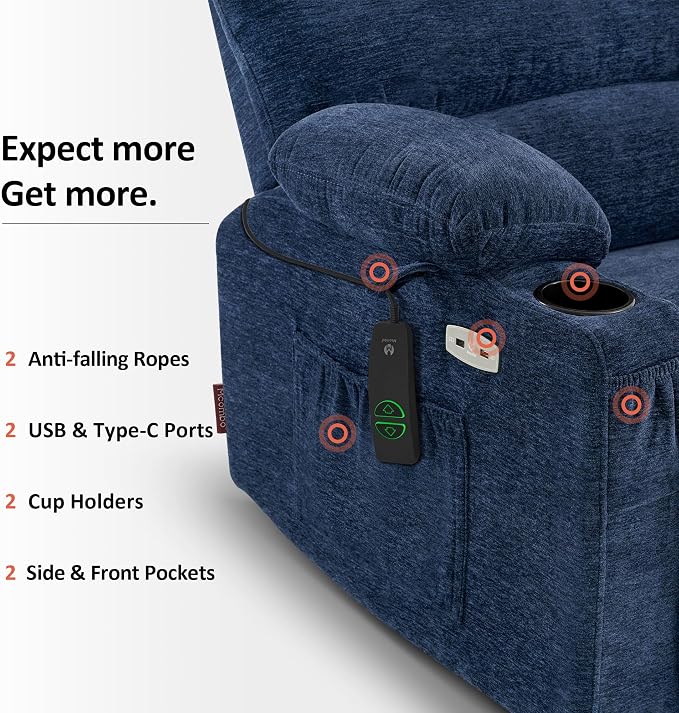 MCombo Large Power Lift Recliner Chair for Elderly, Lift Chair with Heat and Massage, 3 Positions, USB Charge Ports, Cup Holders, Fabric 7099 (Large, Navy Blue)