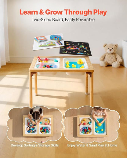 VEVOR Sensory Table for Toddlers, Foldable Wooden Kids Activity Table with Double-Sided Board, Storage Bins, and Non-Slip Feet, for Boys and Girls Playing Sand and Water, Drawing, Studying, Dining
