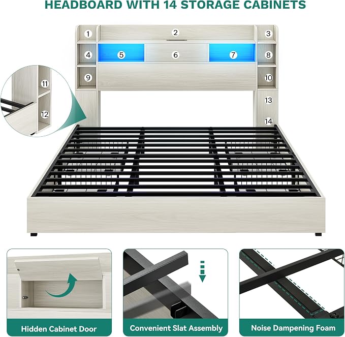 YITAHOME King Size Bed Frame with 51" Tall Bookcase Headboard and 4 Storage Drawers, RGB LED Bed Frame with Type-C&USB Charging Station Storage Bed, No Box Spring Needed, Noise Free, Antique White