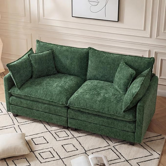 Oversized Loveseat Sofa, 70" Sectional Cloud Couch, 2 Seat Modern Comfy Sofa Chenille Deep Seat Couches with 2 Pillows, for Small Apartment, Bedroom, Living Room（Green 70" Loveseat）