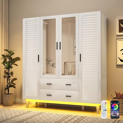 jiteentarou 4 Door Armoire Wardrobe Closet Cabinet with Drawers and LED Lights, Multi-Tier Shelves, Hanging Rod & 4 Louver Doors, Large Capacity Storage Wardrobe Armoire for Bedroom(4 Doors White) | 4 Door