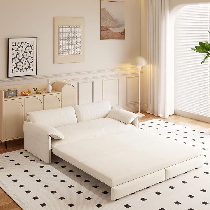 66" Sleeper Sofa Bed Queen Size, 3-in-1 Convertible Couch, Modern Pull Out Couches, Comfy Velvet Futon Sofa, Cloud Loveseat Lounge, Pillow Arm, for Small Spaces, Living Room, Apartment, Beige