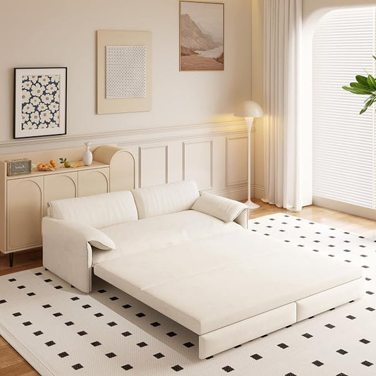 66" Sleeper Sofa Bed Queen Size, 3-in-1 Convertible Couch, Modern Pull Out Couches, Comfy Velvet Futon Sofa, Cloud Loveseat Lounge, Pillow Arm, for Small Spaces, Living Room, Apartment, Beige