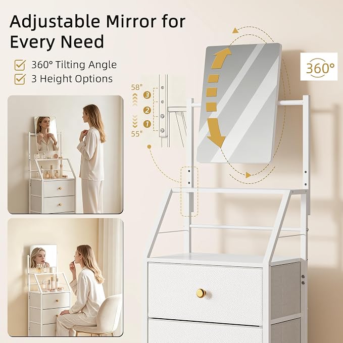 HIGDBFE 4-Drawer Dresser with Mirror, Vanity with 2-Tier Shelves, Fabric Chest of Drawers for Small Space, Vertical Storage Cabinet for Bedroom, Nightstand Bedside Table Furniture, White, 15.3" W
