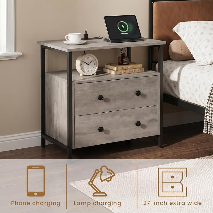 Edbuosy 27 inch Wide Night Stand with Charging Station, Bedside Table with Open Shelf, 2 Drawers Small Wood Dresser, Modern Wood Nightstand for Bedroom/Living Room, Rustic Gray