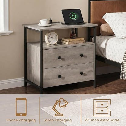 Edbuosy 27 inch Wide Night Stand with Charging Station, Bedside Table with Open Shelf, 2 Drawers Small Wood Dresser, Modern Wood Nightstand for Bedroom/Living Room, Rustic Gray