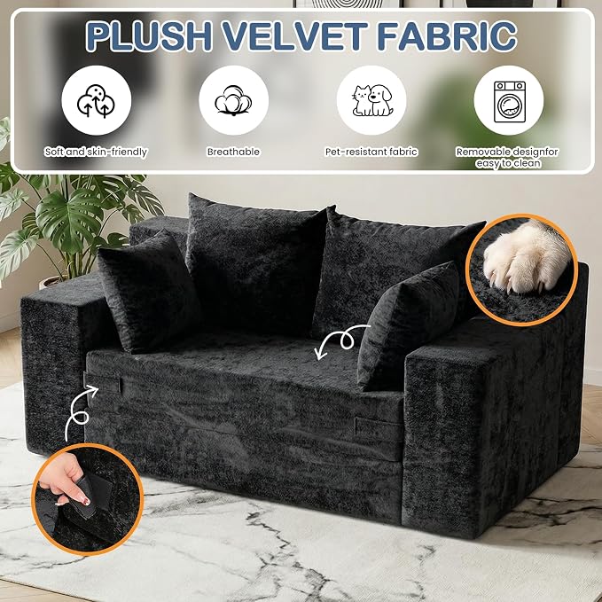 Boneless Loveseat Sleeper Sofa Bed, 3-in-1 Convertible Sofa Bed and Floor Futon Couch (Velvet-Black, Loveseat (55"))