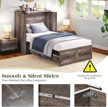 LUXOAK Twin Murphy Bed with Built-in Charging Station and Storage Drawer, Farmhouse Foldable Cabinet Bed for Guest Room, Apartment or Home Office, Rustic Grey