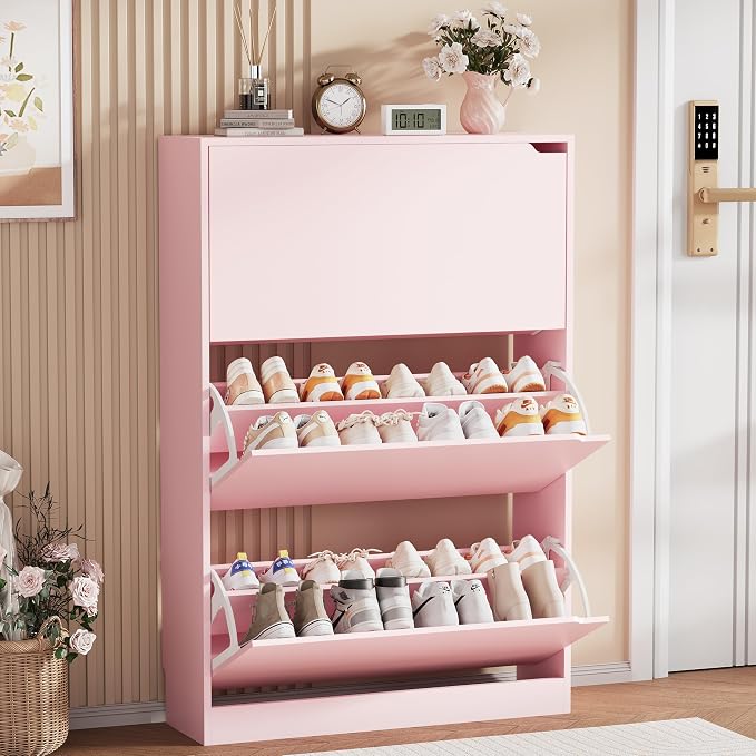 Shoe Storage Cabinet, Wood Shoe Organizer for Entryway with 3 Flip Drawers, Freestanding Shoe Rack with Adjustable Shelf, Narrow Shoe Dresser for Front Door Entrance (Pink, 3 Drawers)