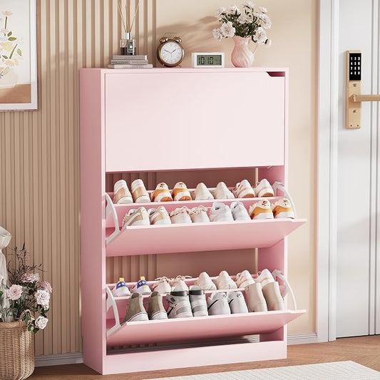 Shoe Storage Cabinet, Wood Shoe Organizer for Entryway with 3 Flip Drawers, Freestanding Shoe Rack with Adjustable Shelf, Narrow Shoe Dresser for Front Door Entrance (Pink, 3 Drawers)